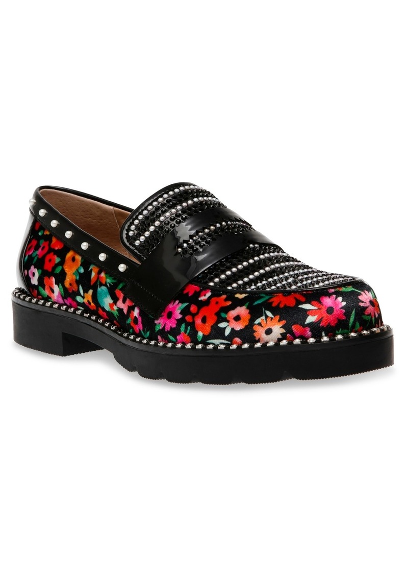 Betsey Johnson Women's Darian Pearl-Embellished Tailored Lug-Sole Loafers - Black Croco Ditsy Floral