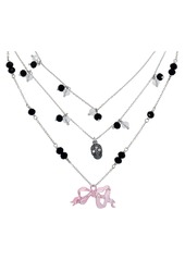 Betsey Johnson Faux Stone Bow Skull Layered Necklace - Pink/Rhodium