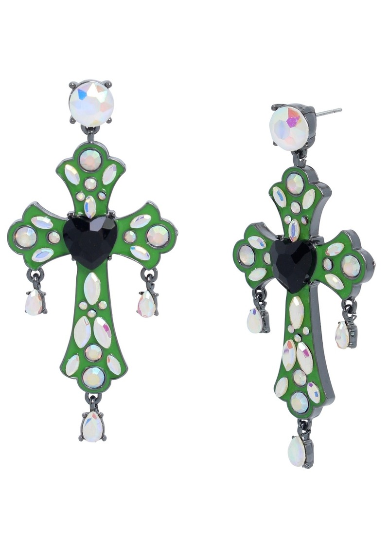 Betsey Johnson Faux Stone Cross Statement Drop Earrings - Teal/Green