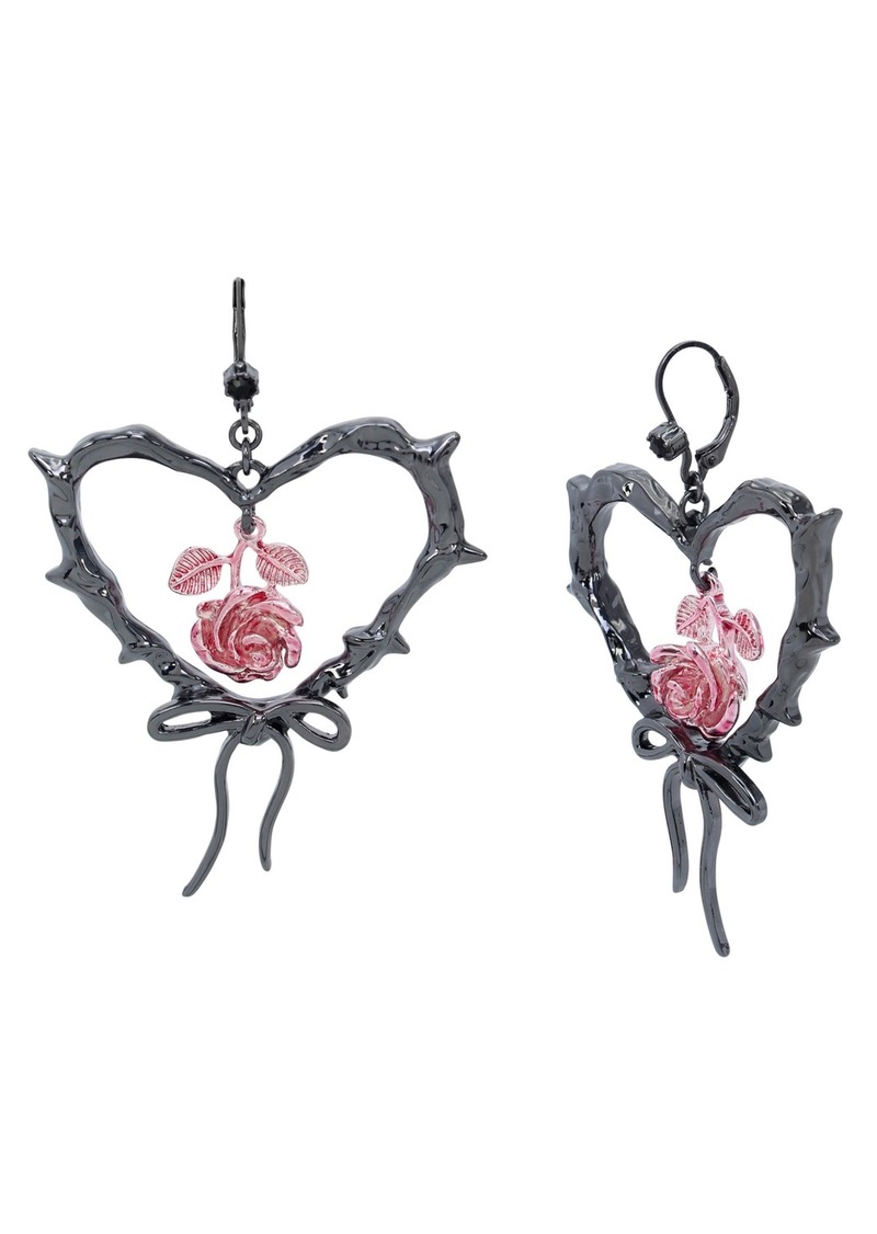 Betsey Johnson Faux Stone Heart Rose Drop Earrings - Pink/Hematite