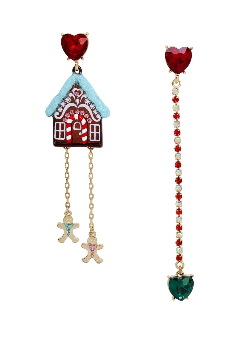 Betsey Johnson Faux Stone Jingle Bell Bling Christmas Gingerbread Mismatch Earrings - Multi/Gold