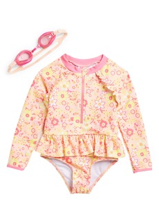 Betsey Johnson Kids' One-Piece Rashguard Swimsuit & Goggles Set in Prarie Sunset at Nordstrom Rack