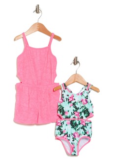 Betsey Johnson Kids' One-Piece Swimsuit & Cover-Up Romper Set in Sugar Plum/Honey Dew at Nordstrom Rack