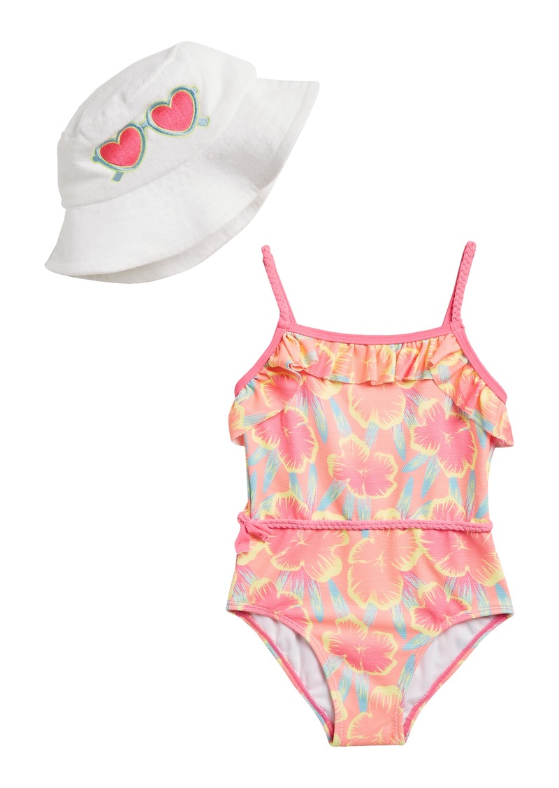 Betsey Johnson Kids' One-Piece Swimsuit & Hat Set in Pink Multi at Nordstrom Rack