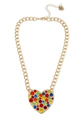 Betsey Johnson Rainbow Stone Heart Pendant Necklace in Gold-tone Metal, 16" + 3" Extender