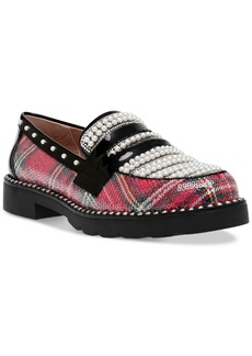 Betsey Johnson Women's Darian Pearl-Embellished Tailored Lug-Sole Loafers - Red Plaid