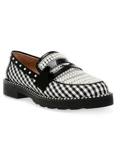 Betsey Johnson Women's Darian Pearl-Embellished Tailored Lug-Sole Loafers - Black/White Plaid Pearl