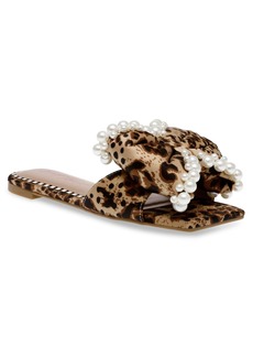 Betsey Johnson Women's Liah Imitation Pearl-Embellished Bow Slide Sandals - Leopard