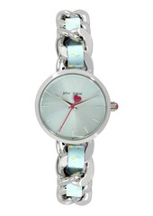 Betsey Johnson Women's Woven Floral Silver-Tone and Floral Printed Polyurethane Bracelet Watch 30mm
