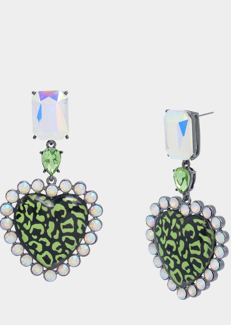 Betsey Johnson Ghoul Friends Leopard Heart Drop Earrings Green