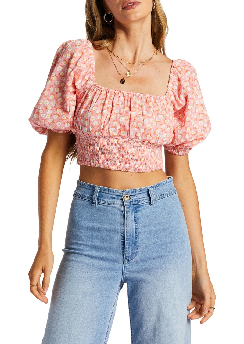 Billabong Only You Floral Puff Sleeve Crop Top in Flamingo at Nordstrom Rack