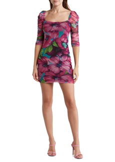 Black Halo Fang Floral Ruched Sleeve Body-Con Minidress in Vivid Flourish at Nordstrom Rack