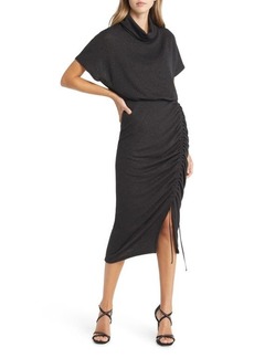 Black Halo Iliana Ruched Skirt Cowl Neck Midi Dress