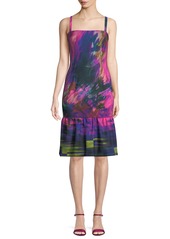 Black Halo Nala Watercolor-Print Dress w/ Ruffle Hem
