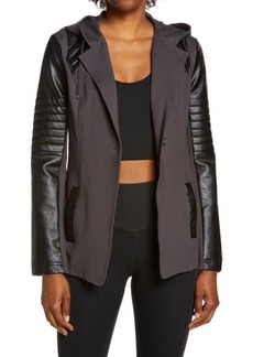Blanc Noir Hooded Moto Blazer with Faux Leather Sleeves in Turbulence/Black at Nordstrom