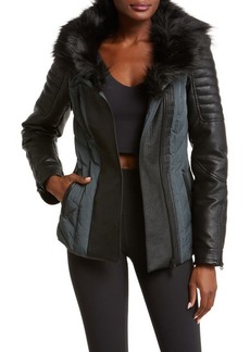 Blanc Noir Sophia Hooded Mixed Media Faux Leather Quilted Jacket with Removable Faux Fur Trim