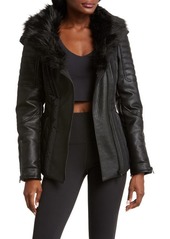 Blanc Noir Sophia Hooded Mixed Media Faux Leather Quilted Jacket with Removable Faux Fur Trim