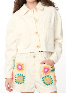 BLANKNYC Crochet Appliqué Crop Denim Jacket