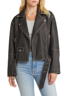BLANKNYC Distressed Belted Faux Leather Moto Jacket