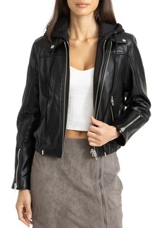 BLANKNYC Faux Leather Bomber Jacket with Removable Hood