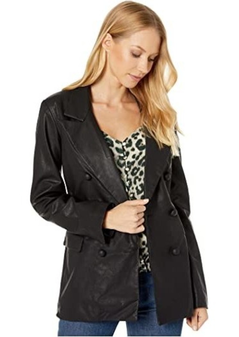 Blank Faux Leather Long Double Breasted Blazer in Carbon
