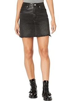 Blank Leather and Denim Patchwork High-Rise Miniskirt with Raw Hem in Twist Of Fate