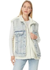 Blank Light Wash Denim Trucker Vest w/ Faux Sherpa Detail in Snow Bank