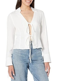 Blank Linen Bell Sleeve Lace-Up Front Shirt in Skim Milk