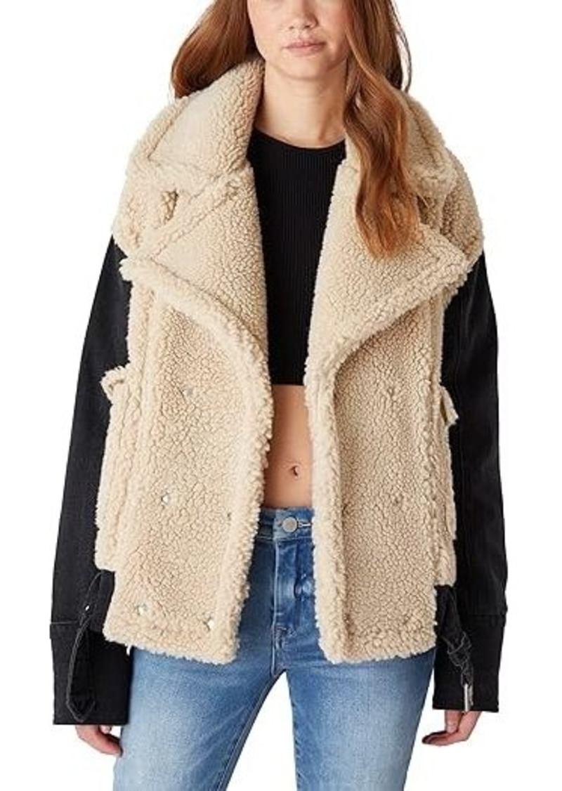 Blank Oversized Faux Sherpa Jacket With Denim Sleeves