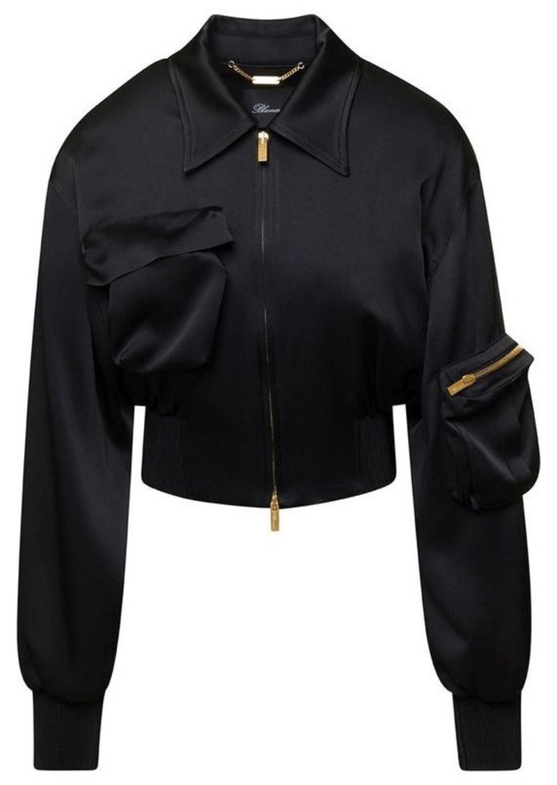 Blumarine Black Cropped Jacket with Macro Patch Pockets in Satin Woman
