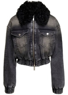 Blumarine Black Jacket with Faux Fur Collar and Logo Embroidery in Stretch Cotton Denim Woman