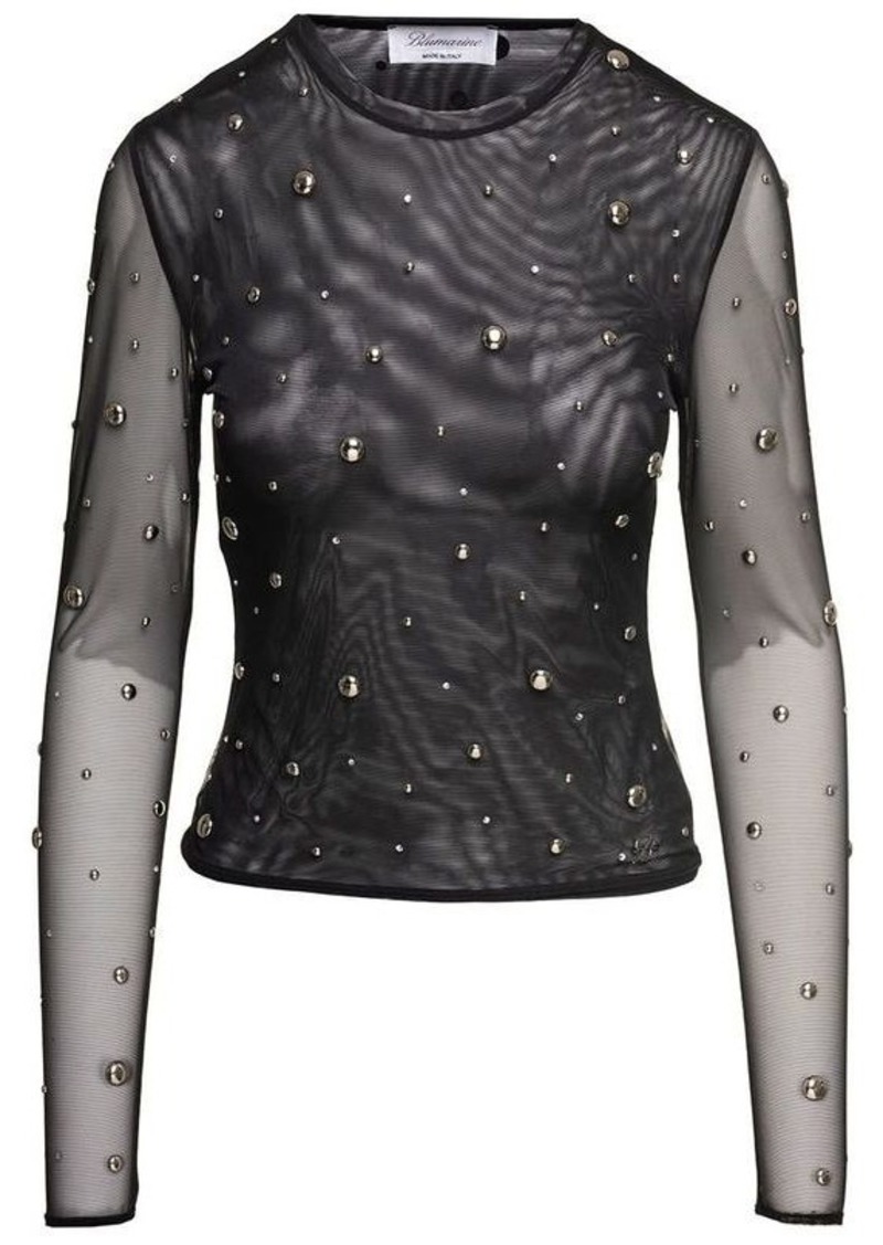 Blumarine Black Semi-Sheer Top with All-Over Studs in Tulle Woman