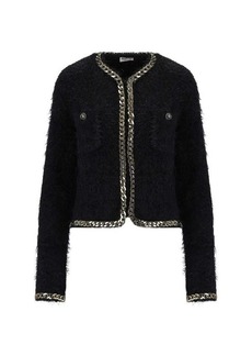 BLUMARINE  BLACK CROPPED BOUCLE CARDIGAN WITH CHAINS