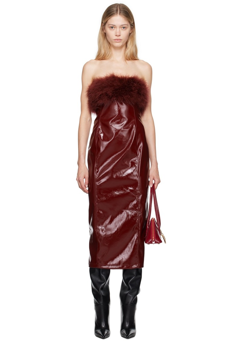 Blumarine Burgundy Marabou Feather Faux-Leather Midi Dress