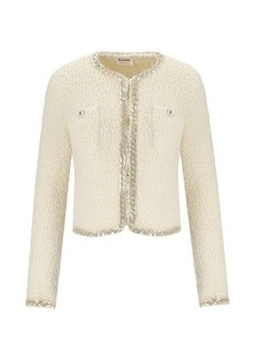 BLUMARINE  CHALK CROPPED BOUCLE CARDIGAN WITH CHAINS