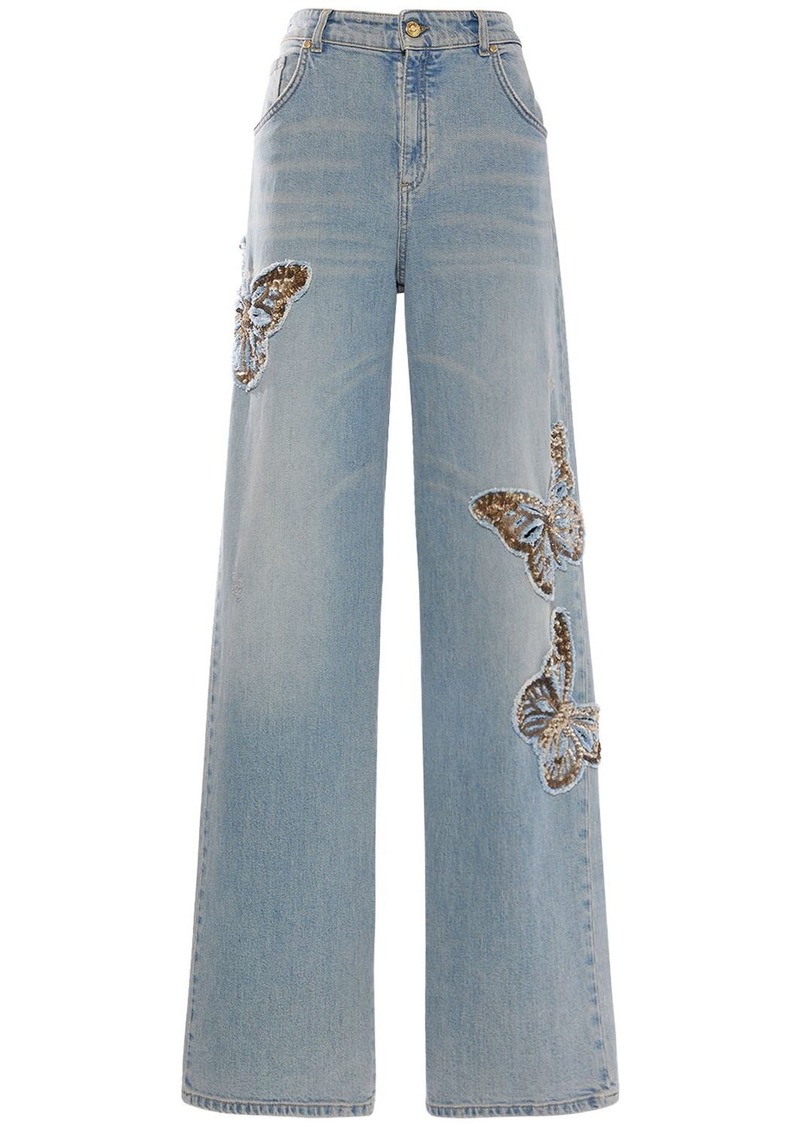 Blumarine Butterfly Mid Rise Wide Denim Jeans