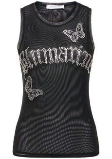 Blumarine Crystal Logo Tulle Tank Top