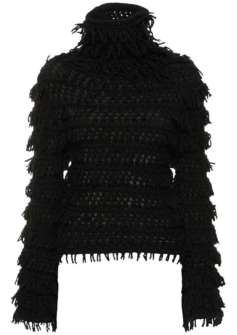 Blumarine Fringed Wool Knit Turtleneck Sweater