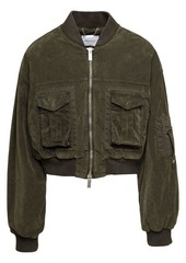 Blumarine Green Cropped Bomber Jacket with Patch Pockets in Cotton Denim Woman