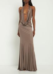 Blumarine Plunge Neck Jersey Long Dress