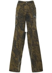 Blumarine Printed Denim Wide Jeans W/buckles