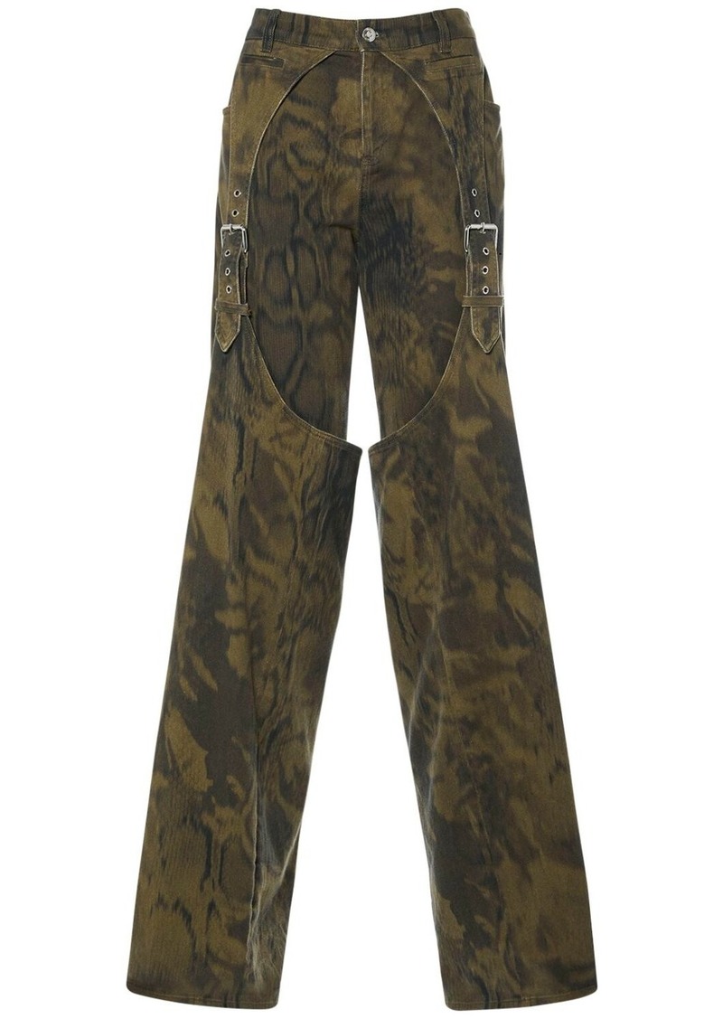 Blumarine Printed Denim Wide Jeans W/buckles