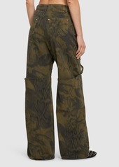 Blumarine Printed Denim Wide Jeans W/buckles