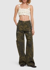 Blumarine Printed Denim Wide Jeans W/buckles