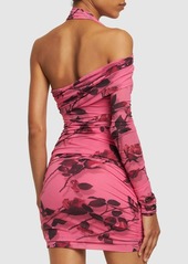 Blumarine Rose Print Tech Jersey Mini Dress