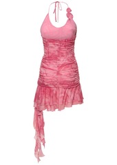 Blumarine Ruched Rose Printed Viscose Mini Dress