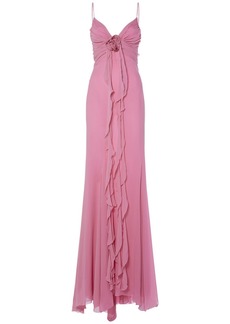 Blumarine Ruffled Silk Long Dress W/rose