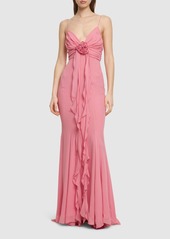 Blumarine Ruffled Silk Long Dress W/rose
