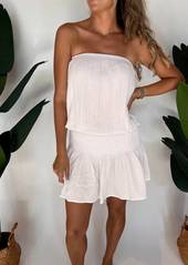 Bobi Strapless Short Dress With Smock Waist In White