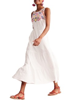 Boden Embroidered Sleeveless Tiered Cotton Midi Dress